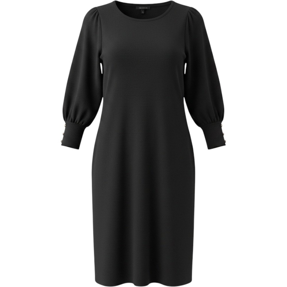 Talbots Black Cotton Blend Puff Sleeve Sweater Dress Gold Button Cuffs Size M